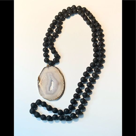 Lava bead necklace with druzy slice pendant, 34” - Picture 1 of 2